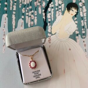 Beautiful Vintage Genuine Ruby & Opal 18K Gold over 925 Chain Necklace IOB